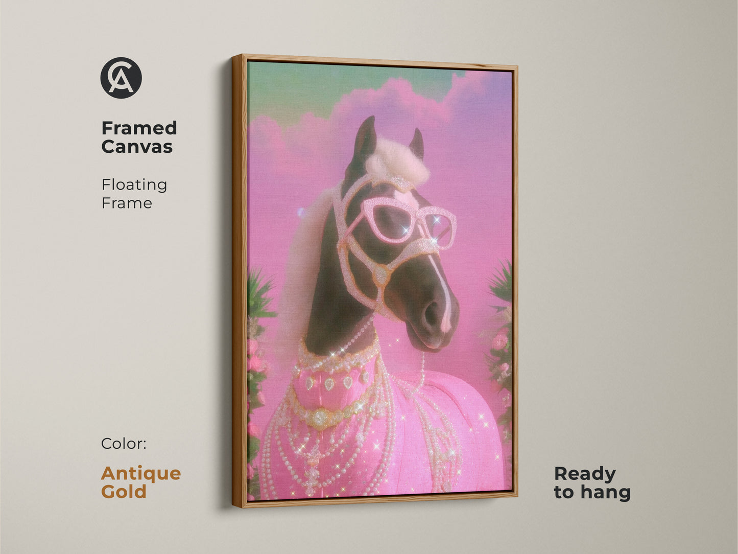 Framed Canvas showcasing a Glam Horse with an antique gold floating frame. The sparkly horse art is a pink teal horse print. It's a Y2K horse canvas piece perfect for eclectic decor. This diamond horse artwork is ready to hang. A unique gift for horse riders.