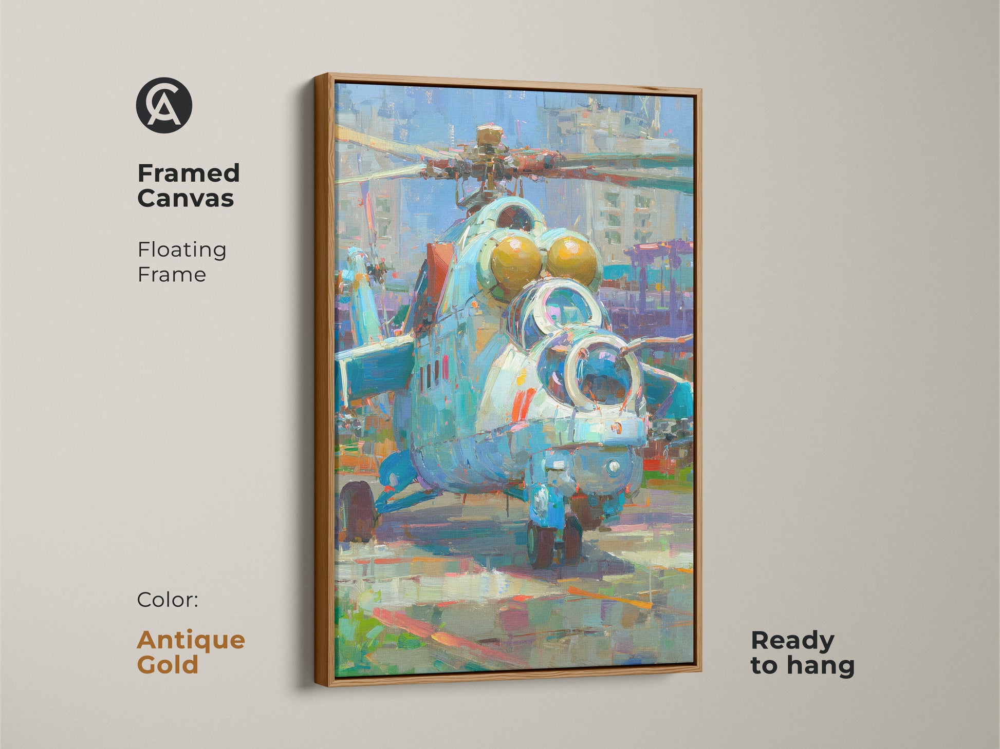 Framed canvas art print showcasing a military helicopter in an antique gold floating frame. The artwork captures an impressionistic style. Ready to hang and adds a touch of vintage elegance. Perfect for aviation enthusiasts and those who appreciate unique art. Elevate your home decor with this beautiful framed piece.