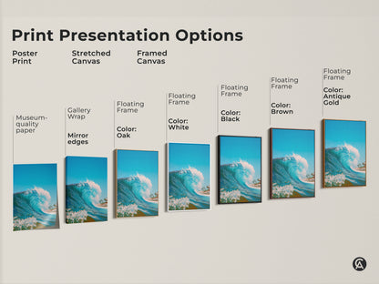 Explore our print presentation options. Choose from poster prints stretched canvases and framed canvases. Find the perfect style to showcase this beautiful ocean wave artwork. Shop now for museum-quality art.