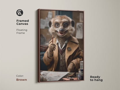 Framed canvas of a dapper meerkat artwork in a brown floating frame. Ready to hang this tan and gold print adds eclectic charm to any space. It's a funny animal office art gift for animal lovers. This unique character piece is great home decor.