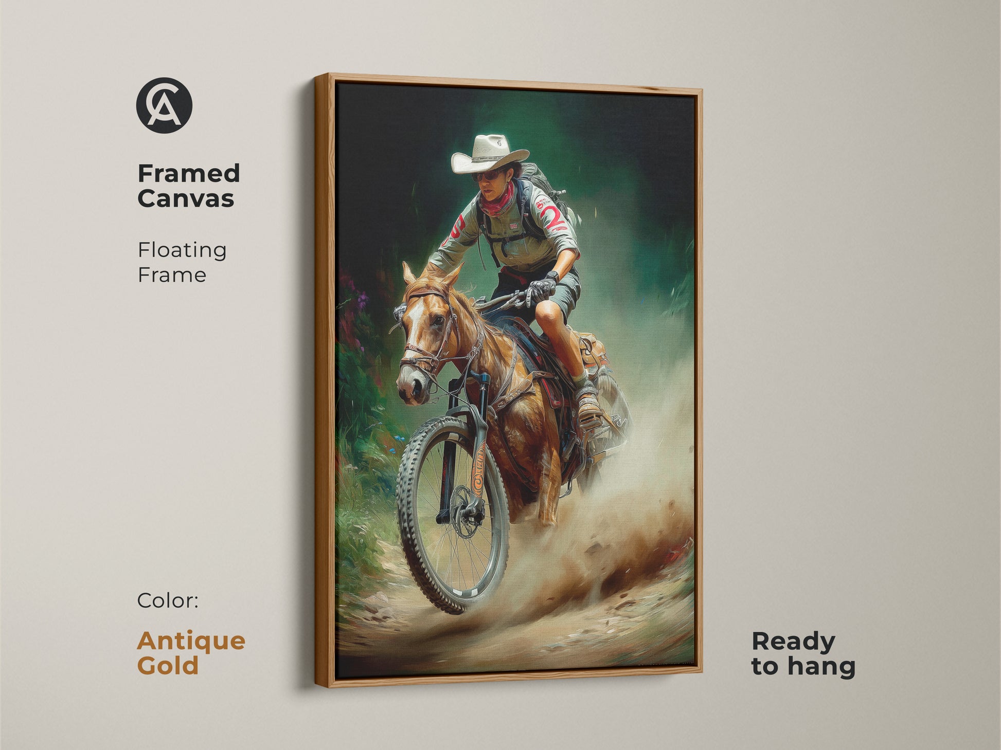 Framed canvas art print featuring a cowboy on horseback with a mountain bike. An antique gold floating frame enhances this rustic outdoor adventure artwork. Ready to hang this digital painting blends western and cycling themes. Perfect for adding character to your entryway or home office. It has earthy colors