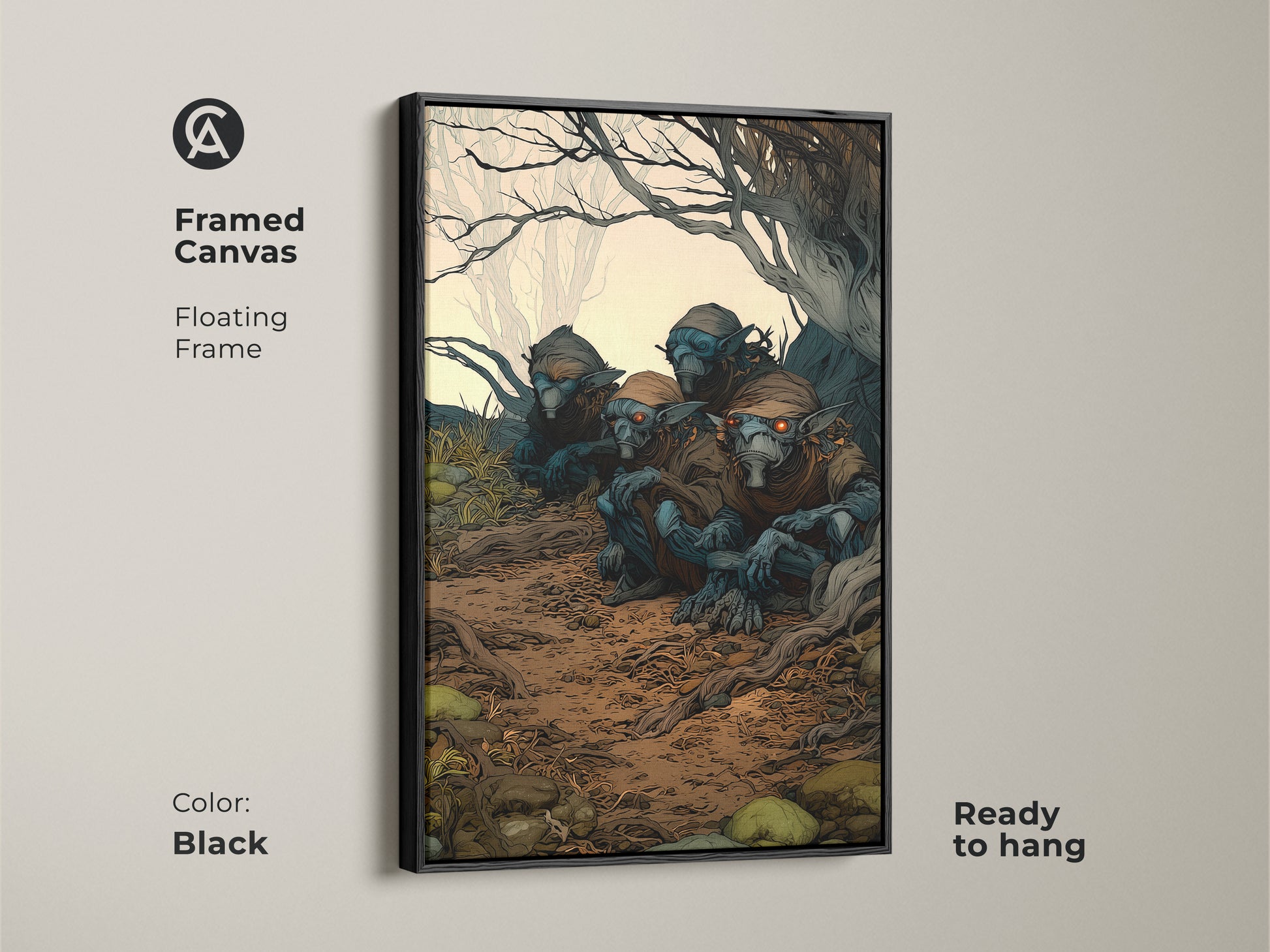 Framed canvas art print of goblins in a dark forest. The floating frame enhances the blue and brown artwork. This spooky art piece can be a Halloween gift or home decor for fantasy lovers. The frame color is black.