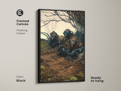 Framed canvas art print of goblins in a dark forest. The floating frame enhances the blue and brown artwork. This spooky art piece can be a Halloween gift or home decor for fantasy lovers. The frame color is black.