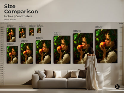Size comparison of the woman with apple classical realism artwork. This traditional fine art print is available in various dimensions. See how each size complements your living space. Add a touch of vintage elegance today.