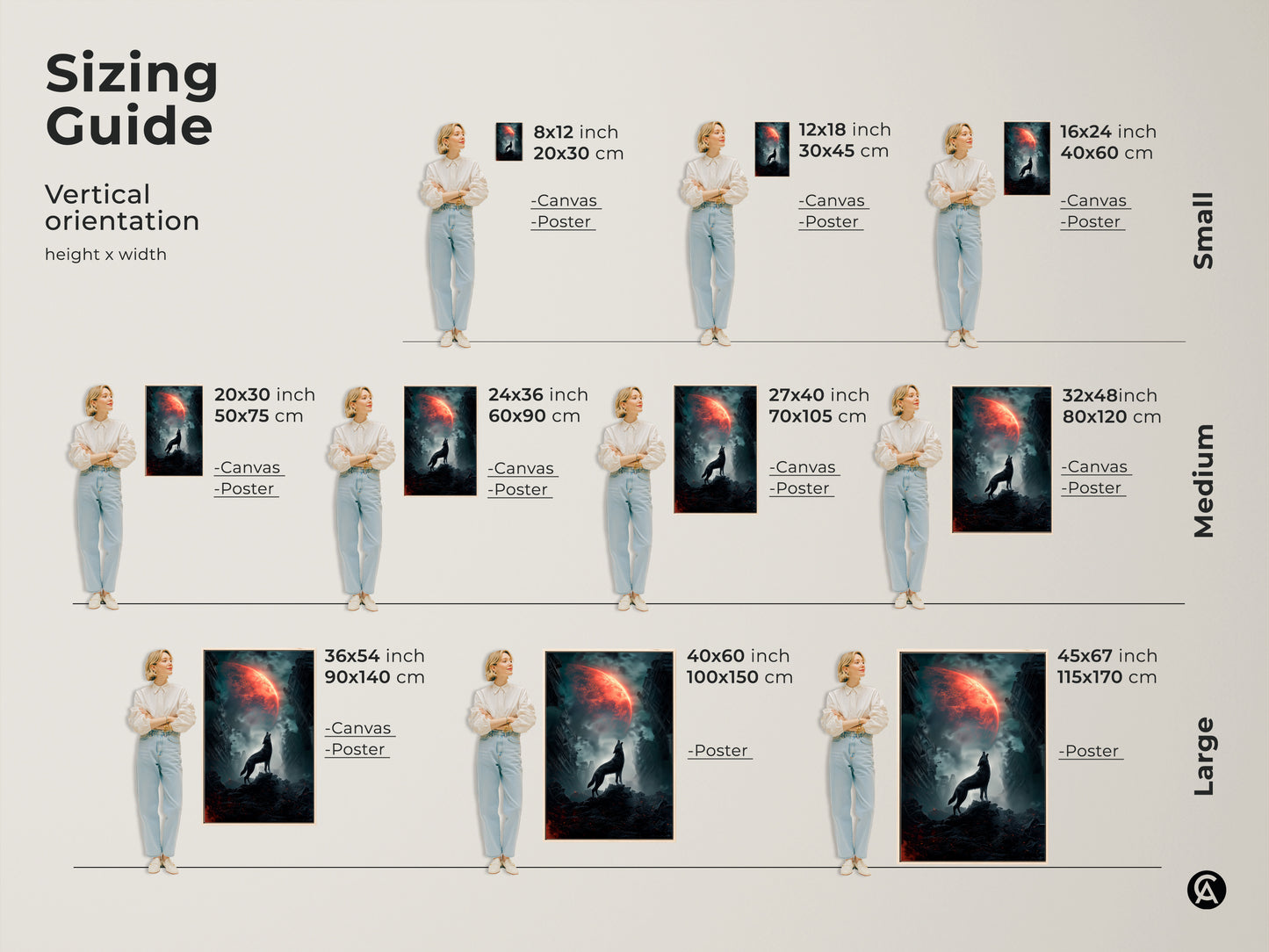 Sizing guide for wolf howling at crimson moon canvas and poster prints. Vertical orientation options in small medium and large sizes. Find the perfect fit for your wall decor. Surreal fantasy artwork for eclectic and cosmic themes.