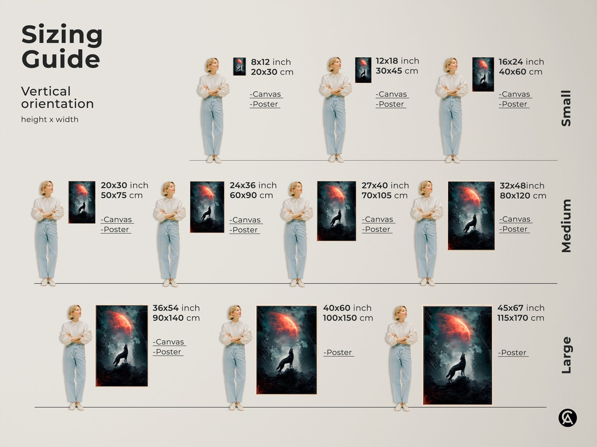 Sizing guide for wolf howling at crimson moon canvas and poster prints. Vertical orientation options in small medium and large sizes. Find the perfect fit for your wall decor. Surreal fantasy artwork for eclectic and cosmic themes.
