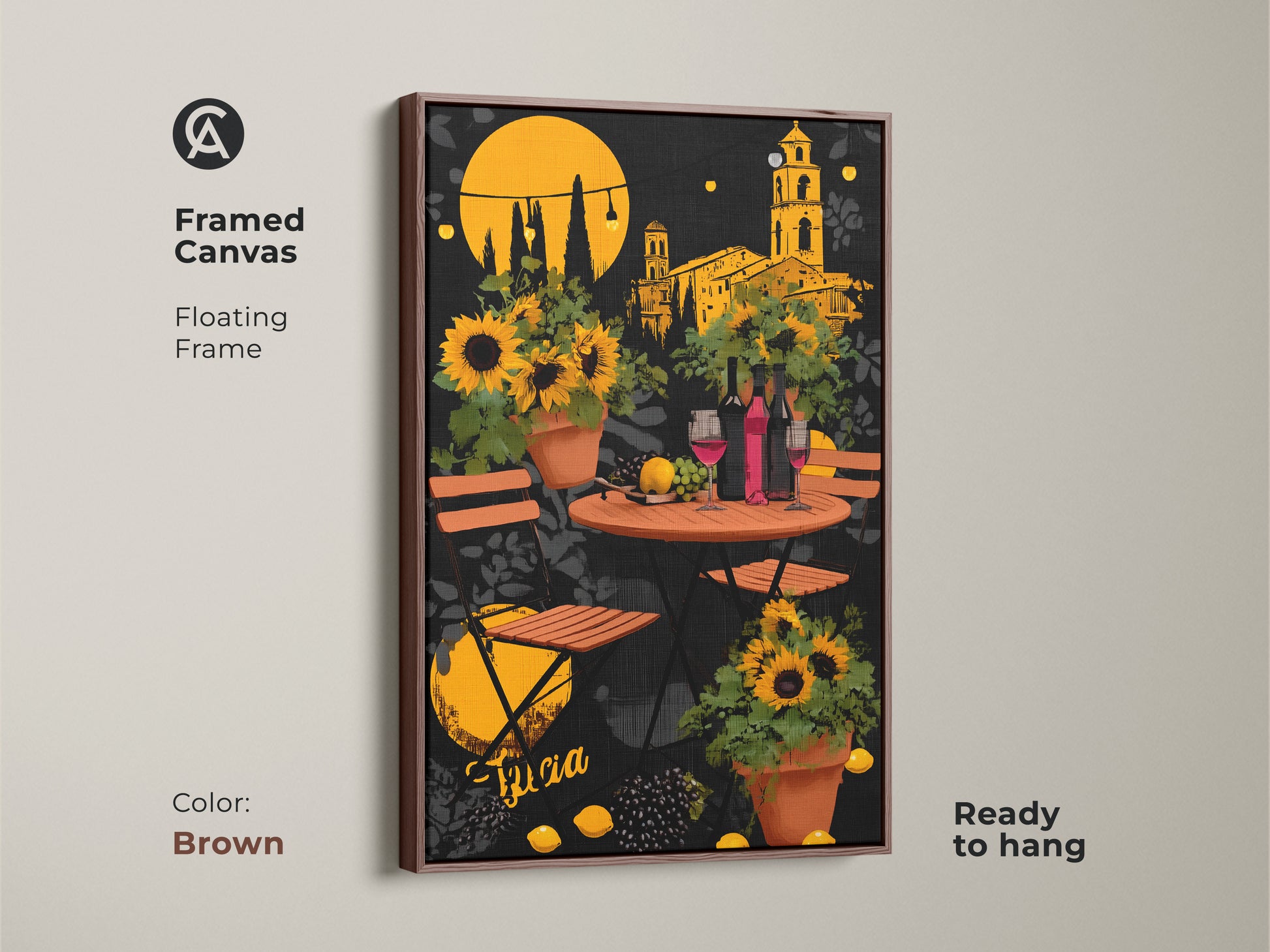 Framed canvas with a brown floating frame highlights the Italian cafe scene. Sunflowers and wine bottles bring an eclectic folk art touch. It's a delightful housewarming gift wine art for dining rooms ready to hang and enjoy.