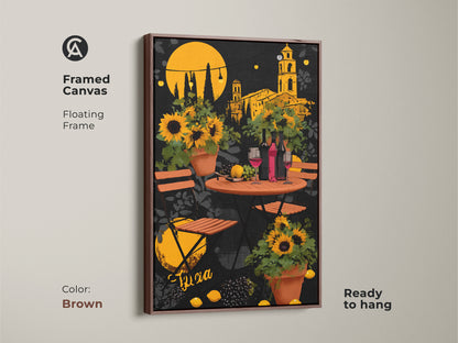 Framed canvas with a brown floating frame highlights the Italian cafe scene. Sunflowers and wine bottles bring an eclectic folk art touch. It's a delightful housewarming gift wine art for dining rooms ready to hang and enjoy.