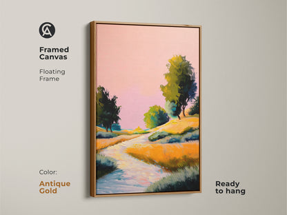 Antique gold framed canvas featuring impressionistic nature art. The pink yellow orange wall decor is ready to hang. Bright nature canvas perfect as artistic boho bedroom art or a housewarming gift.