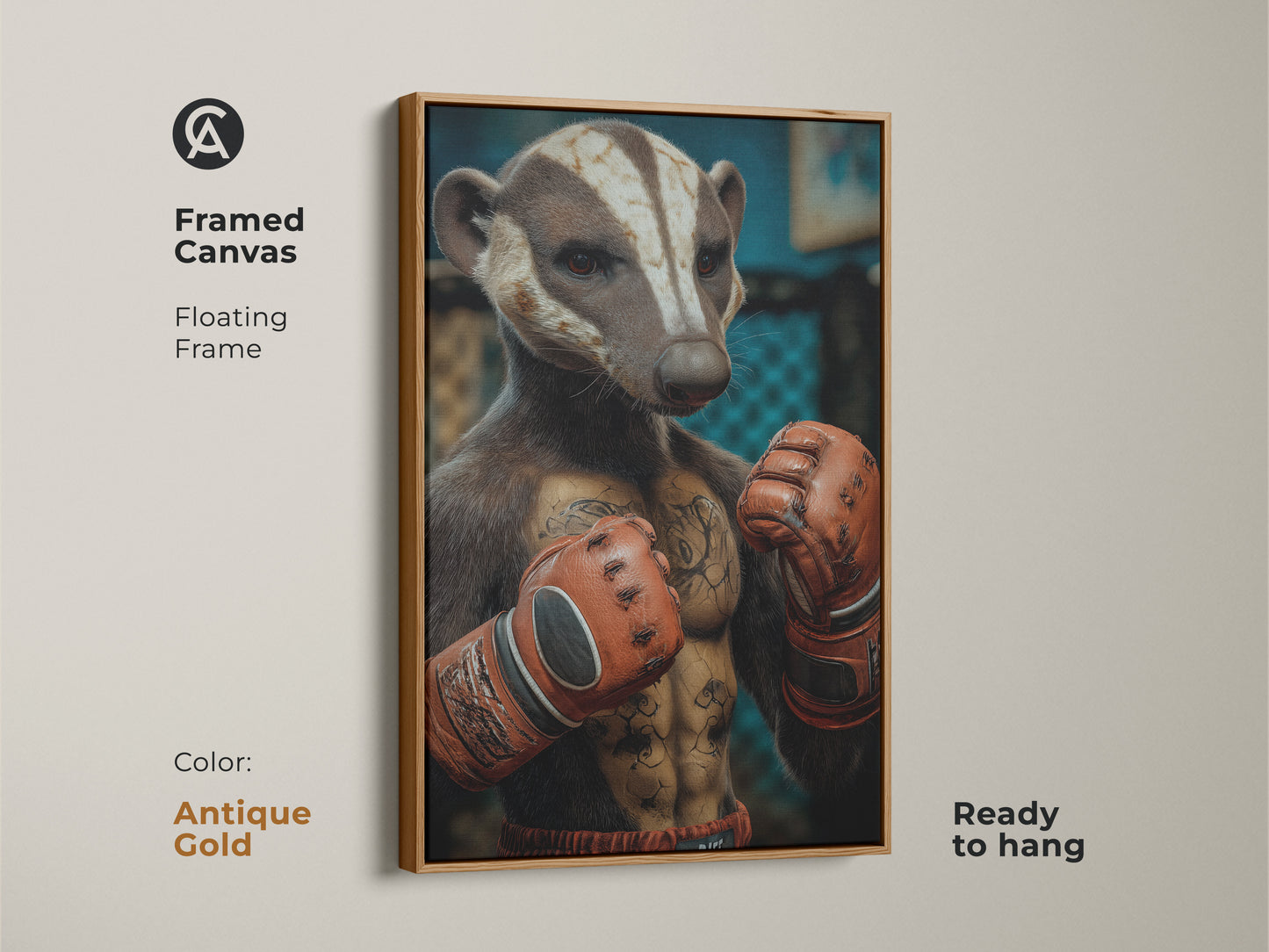 Framed canvas featuring the Badger Boxer with an antique gold floating frame. This unique office decor is ready to hang. A perfect addition to any workplace. Ideal gift for boxing fans this sports animal artwork is an eclectic home style gem.
