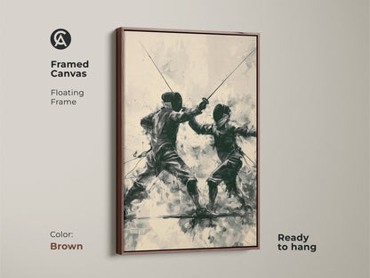 Framed Canvas showcasing a fencing duel in a brown floating frame. This modern sports artwork brings action to any wall. The dark green beige and black art is perfect as a gift for athletes or as an office statement piece.