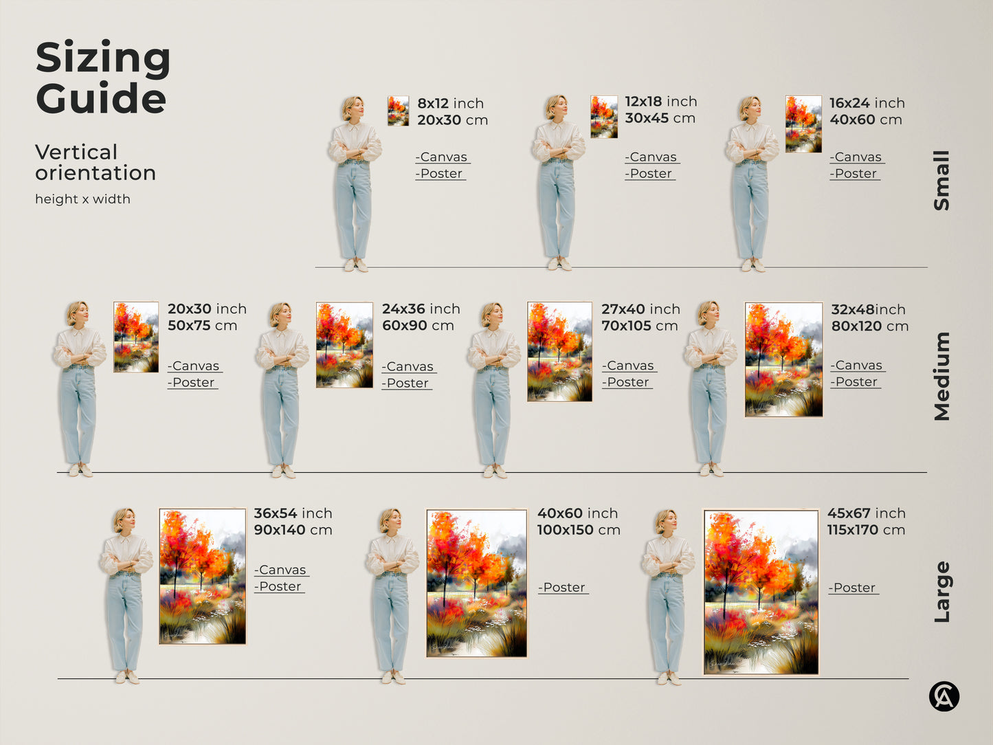 Sizing guide for vertical autumn landscape artwork. Find the perfect fit for your space. Canvas and poster options available in small medium and large sizes. Transform your walls with stunning fall art.