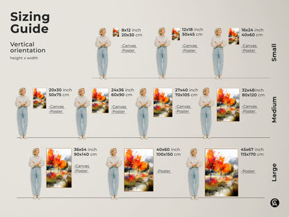 Sizing guide for vertical autumn landscape artwork. Find the perfect fit for your space. Canvas and poster options available in small medium and large sizes. Transform your walls with stunning fall art.
