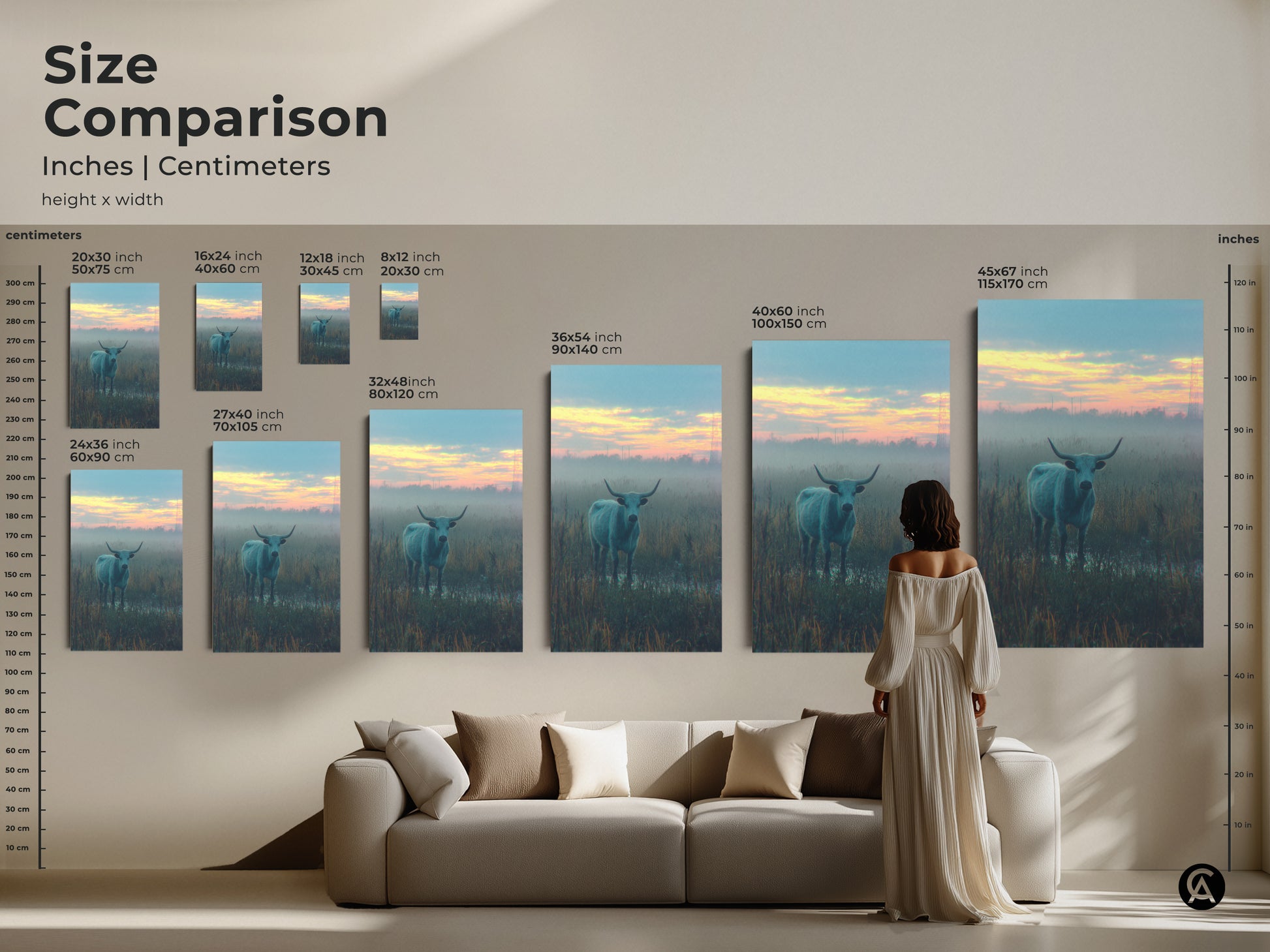 Size comparison of a longhorn bull artwork in various dimensions. See how the art scales next to furniture and a person. Sizes range from small prints to large statement pieces. Find the perfect size for your room.