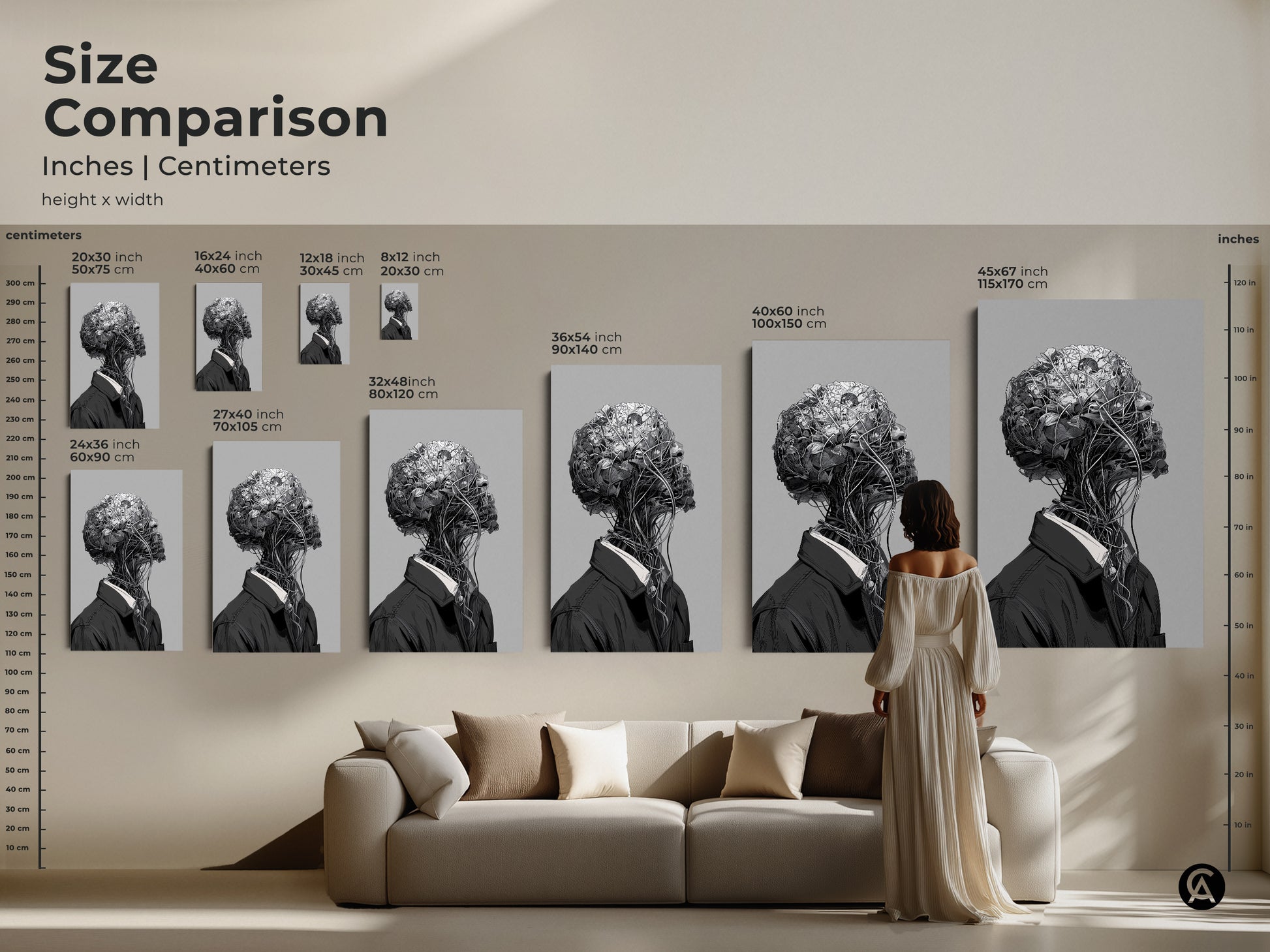 Size comparison of surreal botanical head art. The artwork is displayed in various sizes. It is shown in a living room setting. Sizes range from small to large. See how this art complements your living space.