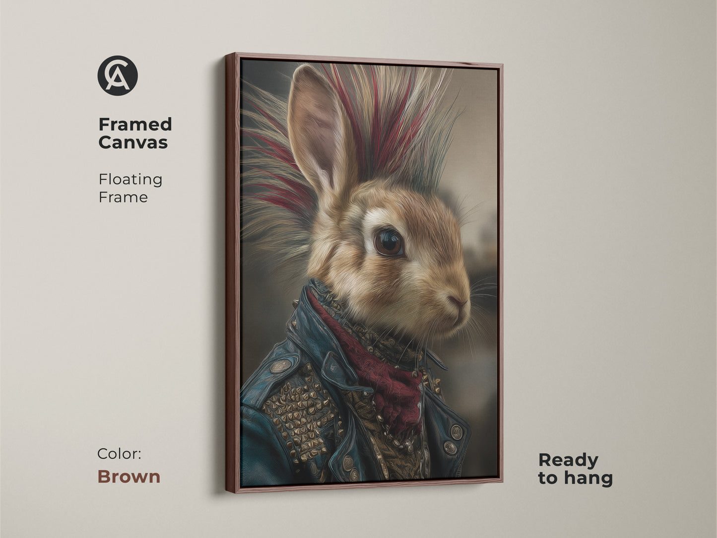 Framed canvas featuring a punk rock bunny with a mohawk and leather jacket. The floating frame enhances this gothic animal artwork. The antique gold frame is ready to hang for your man cave or study decor for an edgy style.