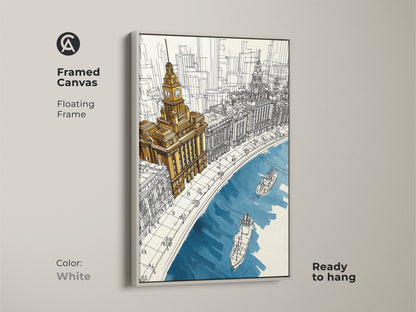 Framed canvas of a cityscape with a white floating frame. The line art features a clock tower and river boats in golden yellow and deep blue. Ready to hang this art in your home or office.