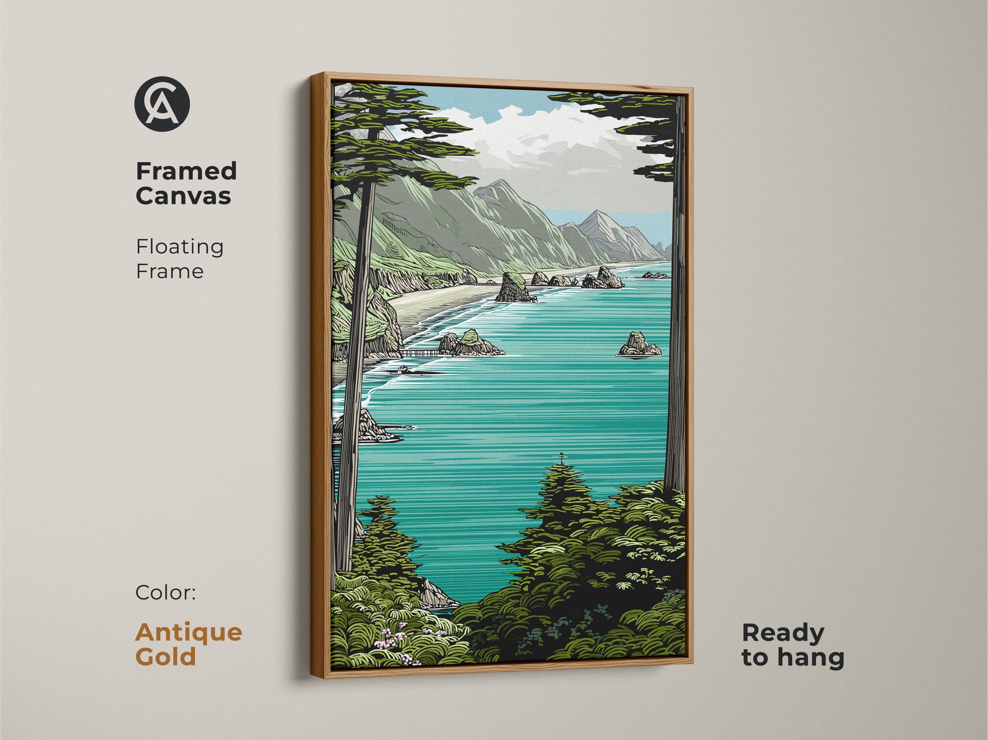 Antique Gold framed canvas featuring teal aqua coastal art. Ready to hang this floating frame highlights a scenic coastal artwork. Perfect for enhancing oceanfront property with this turquoise water wall art.