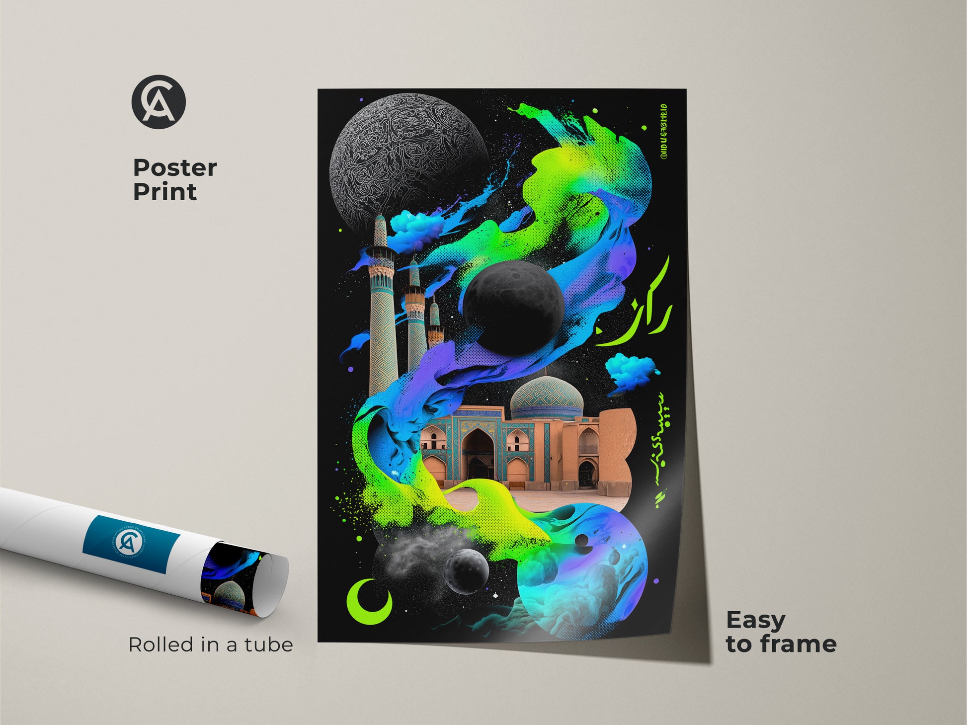 Poster print of an eclectic mosque and moon art piece rolled in a tube. Features vibrant neon green and electric blue colors. This surreal graffiti style is easy to frame for a unique wall decor touch.