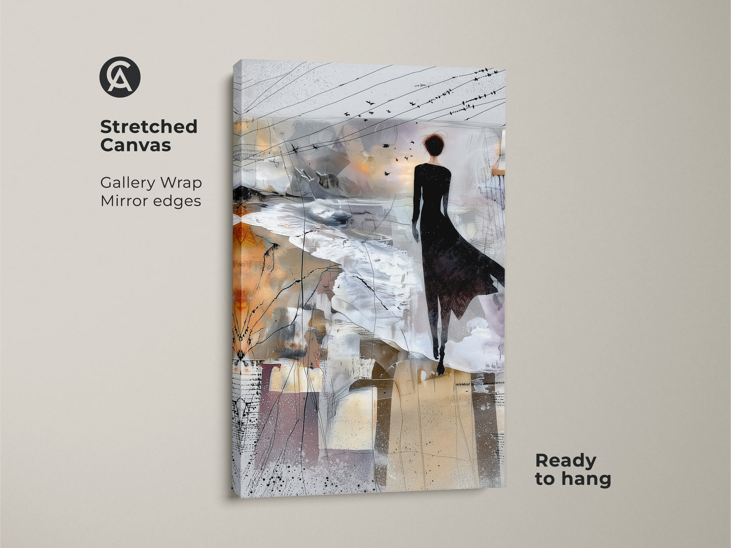 Stretched canvas featuring Brown White and Grey abstract art print. View a woman and birds on canvas. This contemporary figurative landscape is perfect for bedroom art. It is ready to hang.