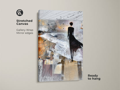 Stretched canvas featuring Brown White and Grey abstract art print. View a woman and birds on canvas. This contemporary figurative landscape is perfect for bedroom art. It is ready to hang.