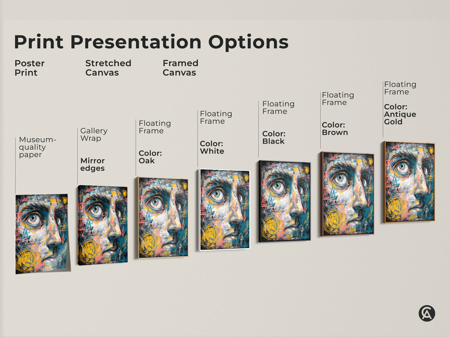 Explore print presentation options for abstract face art. Choose from poster prints stretched canvas and framed canvas. Find the perfect style to match your decor. Each format brings out the unique colors and textures.
