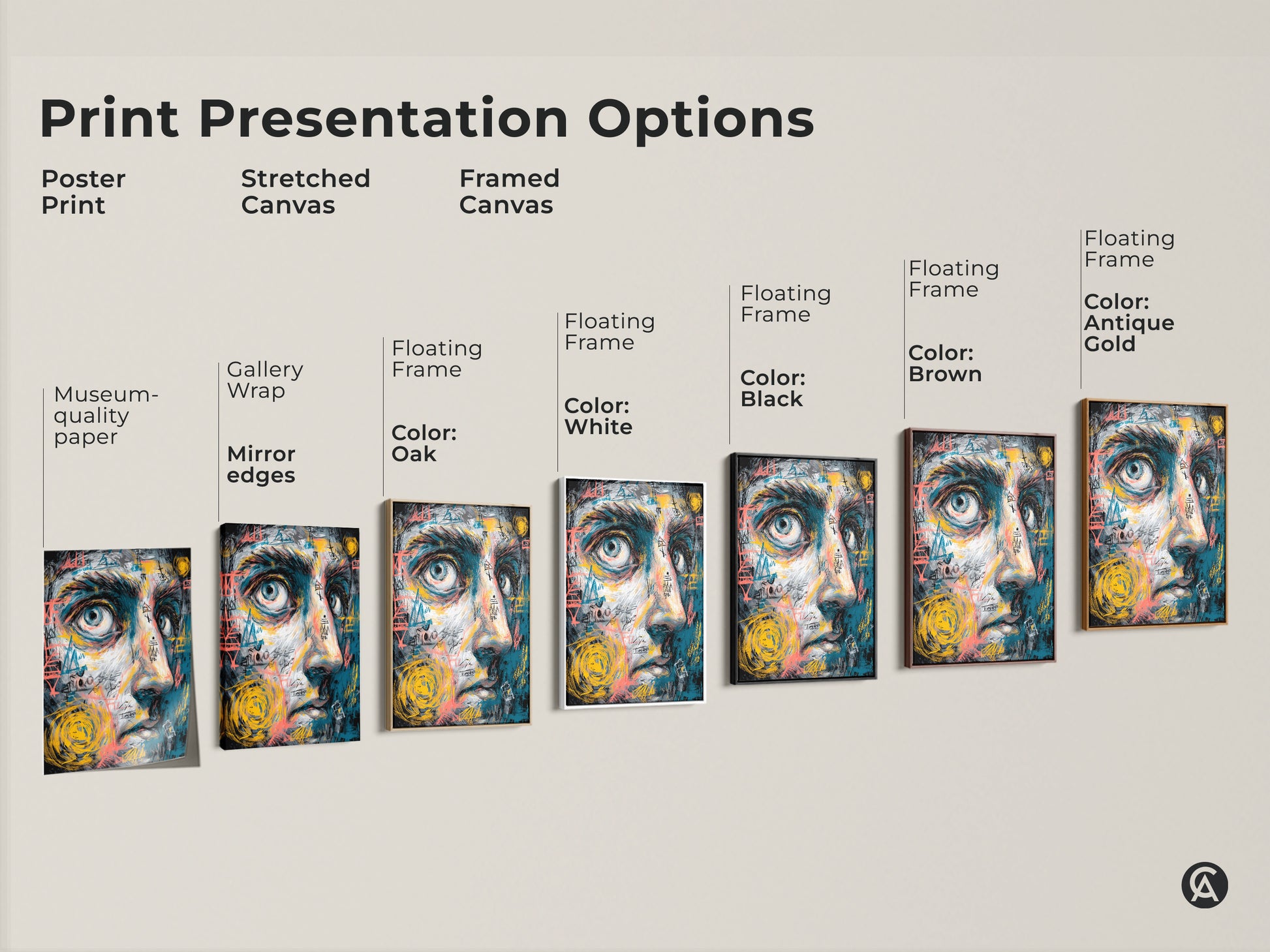 Explore print presentation options for abstract face art. Choose from poster prints stretched canvas and framed canvas. Find the perfect style to match your decor. Each format brings out the unique colors and textures.