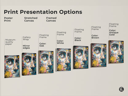 Explore print presentation options for abstract face art. Choose from poster prints stretched canvas and framed canvas. Find the perfect style to match your decor. Each format brings out the unique colors and textures.