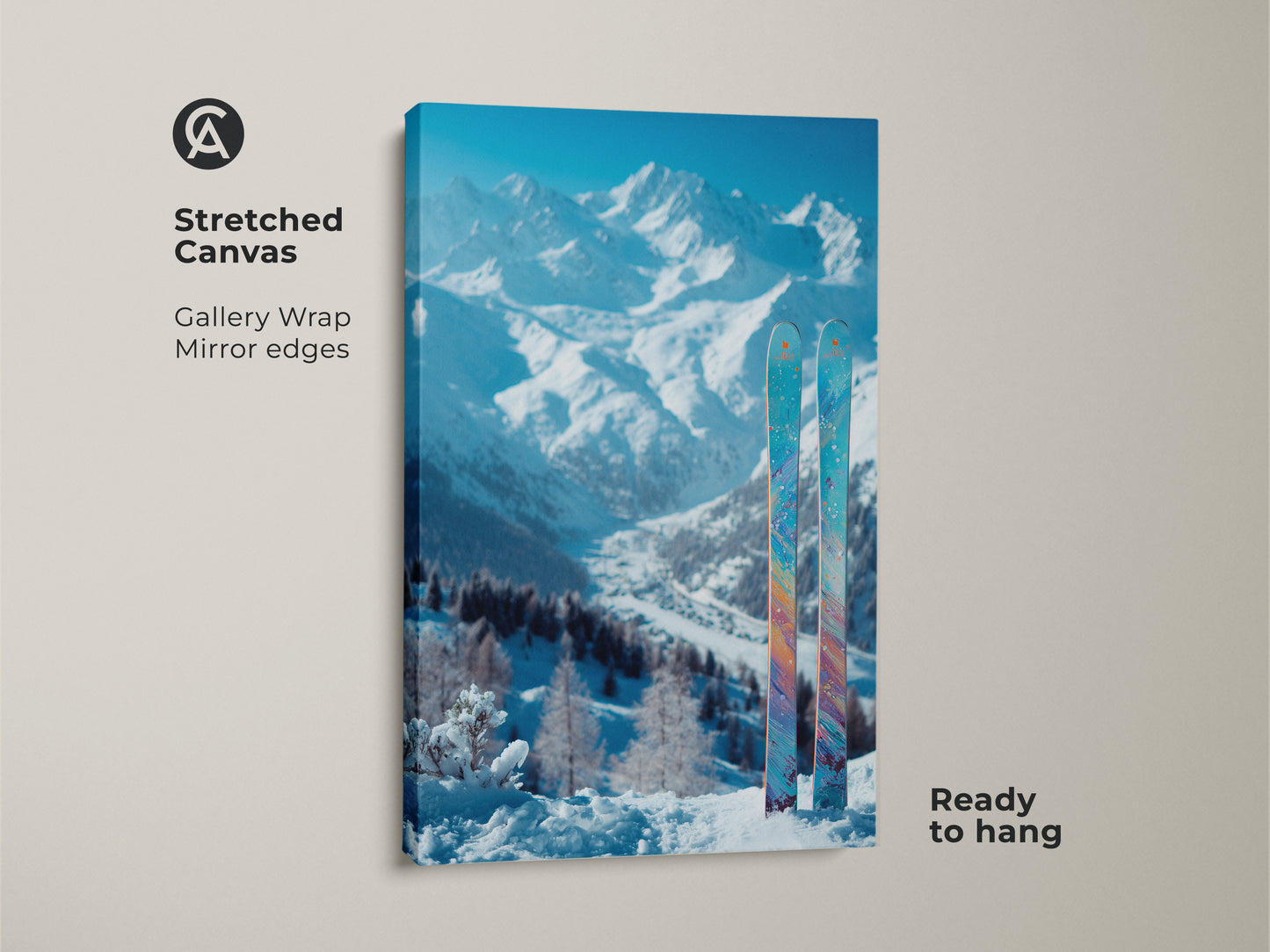 Stretched canvas art showing a bright mountain scene with skis. Gallery wrapped canvas with mirrored edges provides a clean look. Ready to hang art print. Ideal for adding a touch of winter to any room. The snowy landscape creates a calming atmosphere.