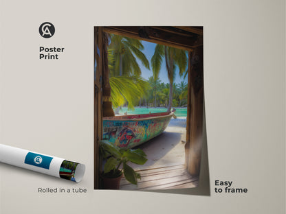 A poster print features graffiti art on a seaside boat. This turquoise coastal decor includes tropical palm trees. Easy to frame this colorful beach print for any space.