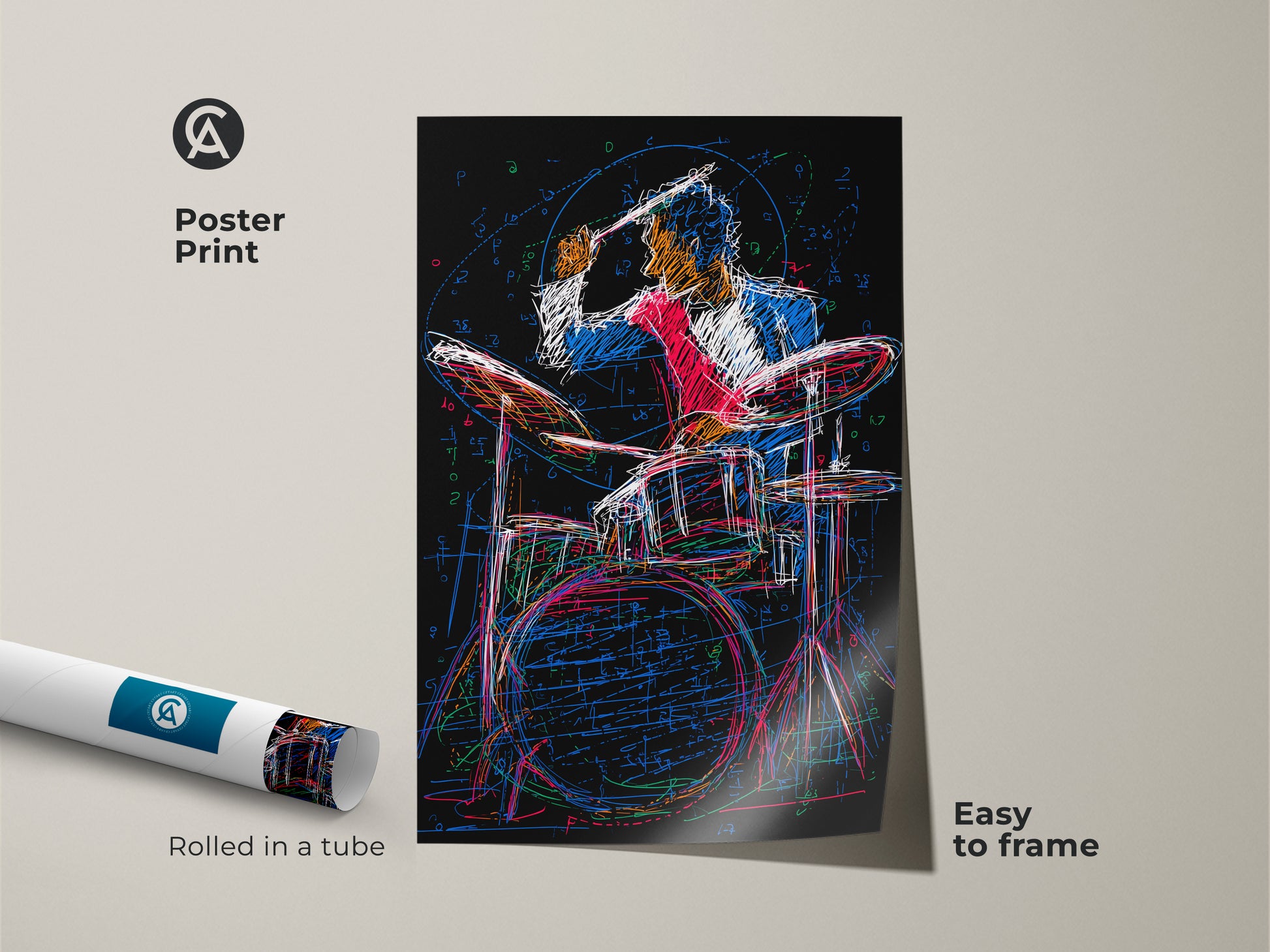 Poster print of dynamic abstract drummer art rolled in a tube. The sketched artwork shows a musician in action. Easy to frame this drummer art adds color to any studio or music themed space. It is a great musician gift.
