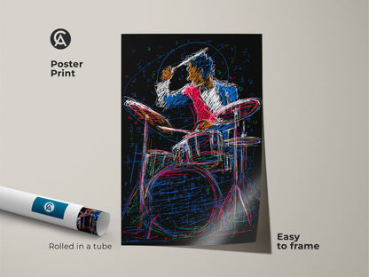 Poster print of dynamic abstract drummer art rolled in a tube. The sketched artwork shows a musician in action. Easy to frame this drummer art adds color to any studio or music themed space. It is a great musician gift.