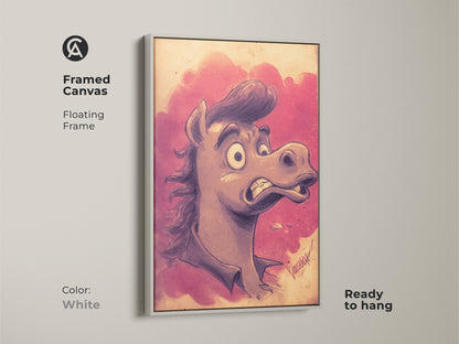 Framed in white this cartoon horse wall art is ready to hang. The pink and purple art print adds a pop of color. It's a funny animal artwork that enhances any space. This unique horse gift will be a conversation starter.