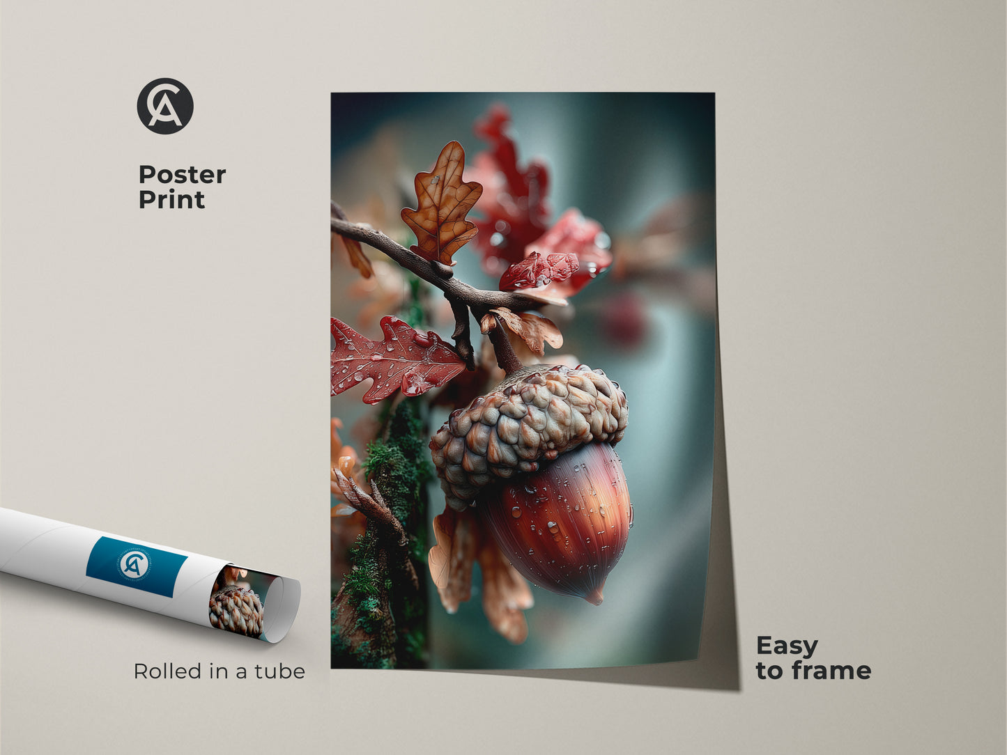 A poster print featuring an acorn and oak leaves. The art print is easy to frame. It is rolled in a tube for protection. A beautiful piece of botanical art for your wall. This acorn poster adds charm to any room.