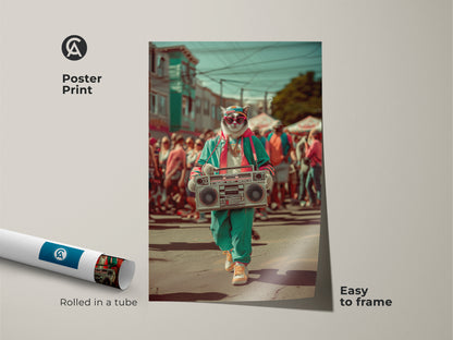Poster Print of Cool Cat with Boombox Art. This teal pink retro artwork is rolled in a tube and easy to frame. It's an urban street style wall art piece.