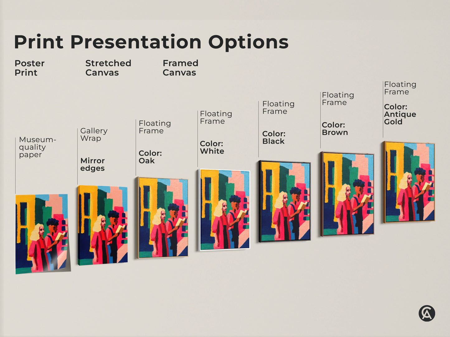 Print presentation options for abstract figurative wall art. Choose from poster print stretched canvas or framed canvas. Frames come in black brown antique gold oak and white. This contemporary artwork is perfect for any room.