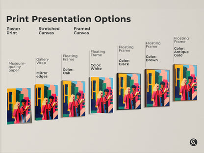 Print presentation options for abstract figurative wall art. Choose from poster print stretched canvas or framed canvas. Frames come in black brown antique gold oak and white. This contemporary artwork is perfect for any room.