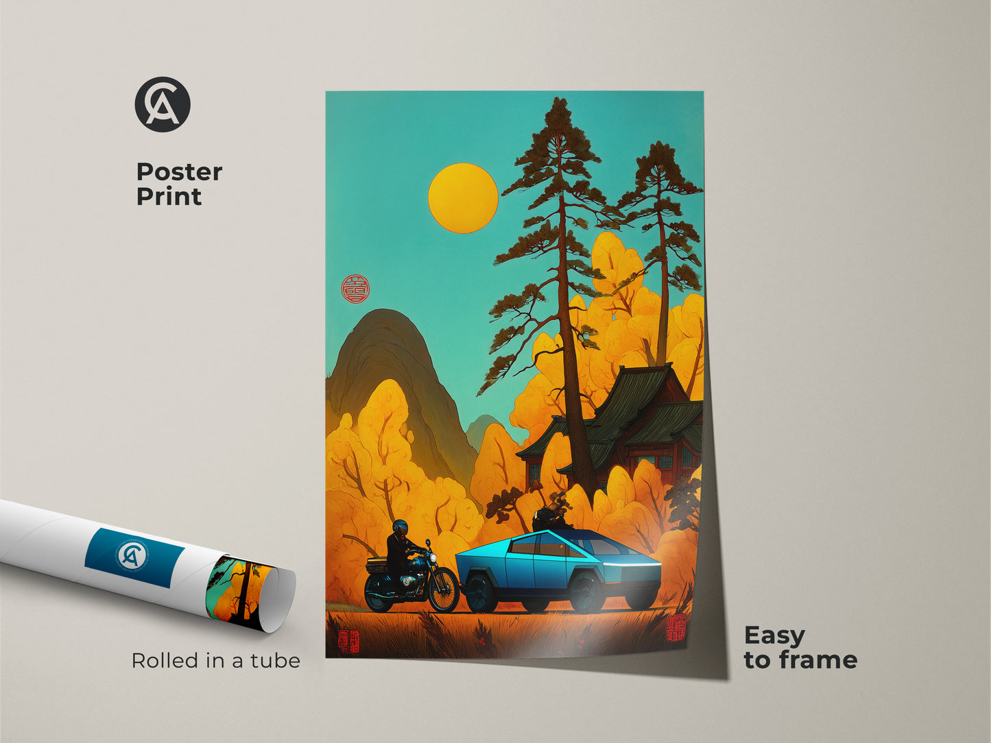 Japanese aesthetic artwork showing a teal Cybertruck and motorcycle as a poster print. It is rolled in a tube ready for framing. This cool motorcycle poster blends retro travel with futuristic vehicle themes. A unique piece for eclectic home decor this scenic nature artwork adds character to any room.