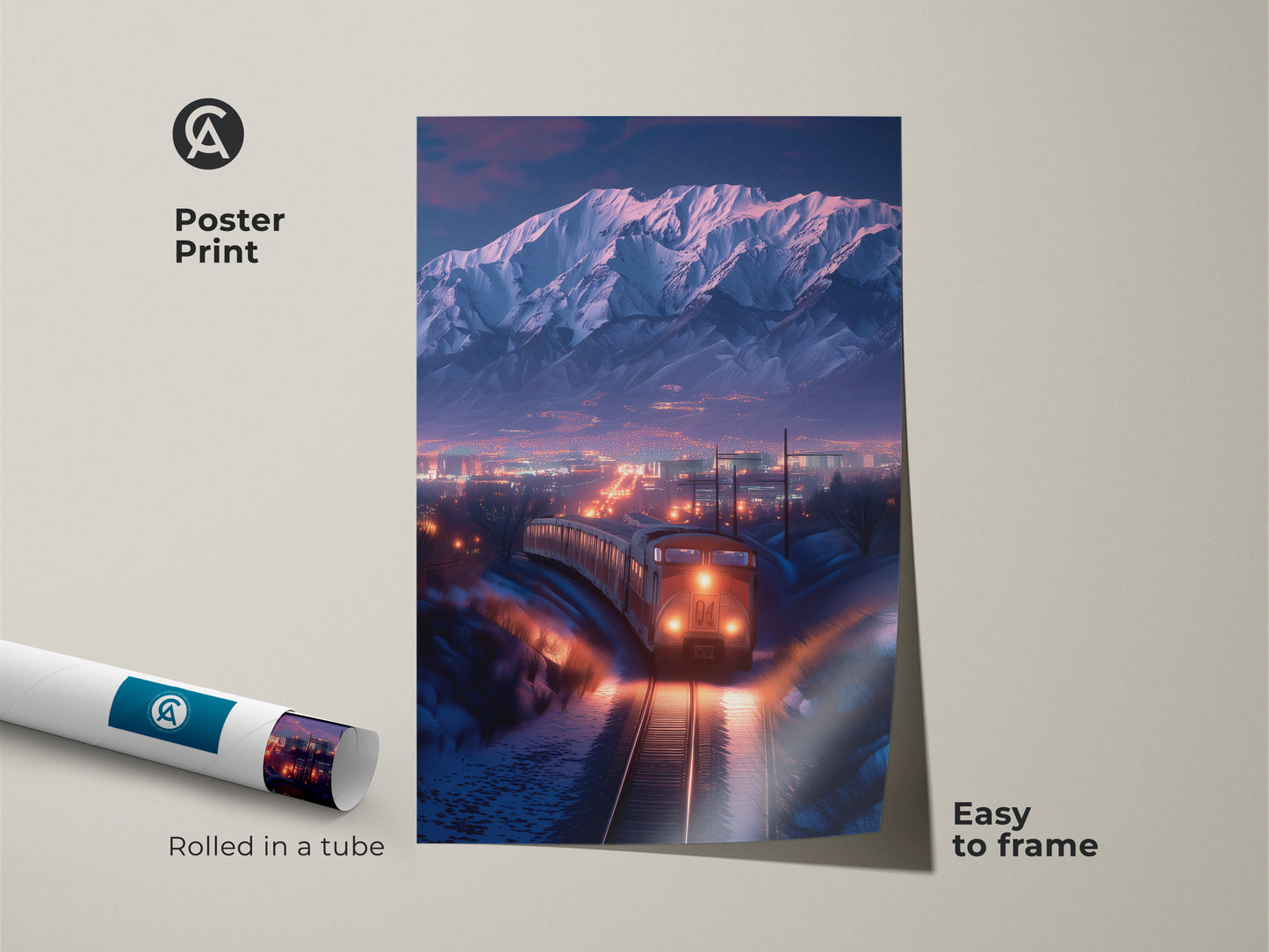 Poster print of a cinematic winter train landscape. Easy-to-frame mountain cityscape artwork rolled in a tube. This travel-themed decor gift features orange and blue tones. Bring the allure of a snow train artwork to your home. Ideal for modern spaces and train enthusiasts. A perfect journey-themed decor.