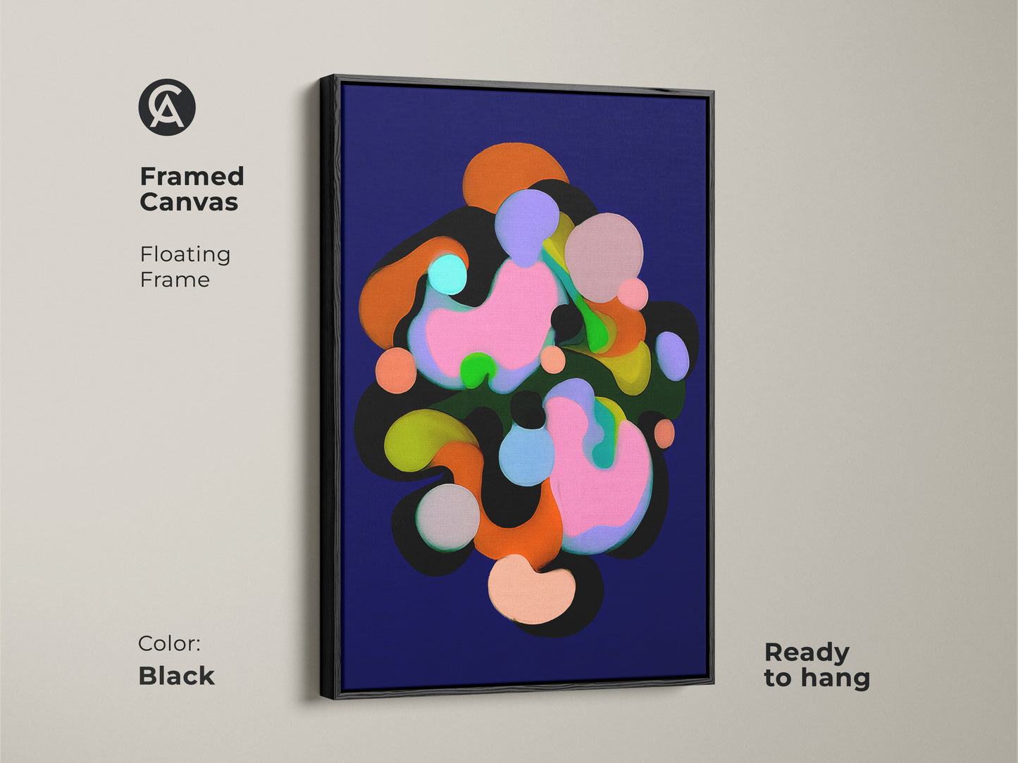 Framed canvas with a floating frame in black showcasing abstract art. The modern artwork features geometric shapes in colors like indigo pink and green. Ready to hang this contemporary print adds a touch of sophistication to any room's wall decor.