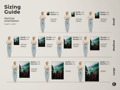 Sizing guide for vertical forest art prints. Available in canvas and poster options. This guide helps you visualize the ideal size for your space from small to large dimensions.