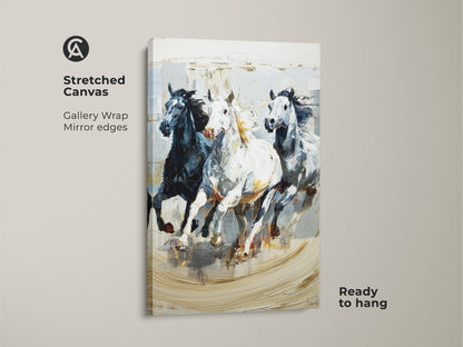 Stretched canvas print featuring three galloping horses in an impressionistic style. Black white and gray animal nature artwork with gallery wrapped mirror edges. This dynamic equine art is ready to hang. A perfect piece for eclectic home decor and horse enthusiasts. It is a modern animal art to admire. This captivating piece brings nature's beauty to any room.