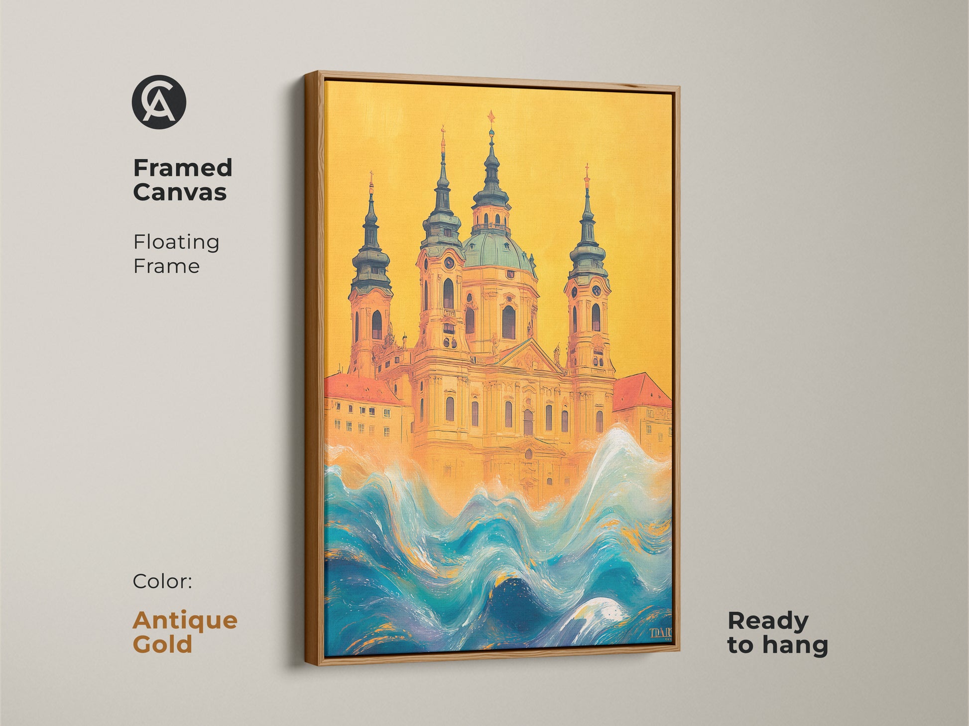 Framed canvas of a surreal church artwork with an antique gold floating frame. The yellow and blue waves canvas embodies eclectic charm. This architectural waves art is ready to hang. Ideal as unique travel gift or for eclectic home decor it adds a luxurious bohemian wall art.