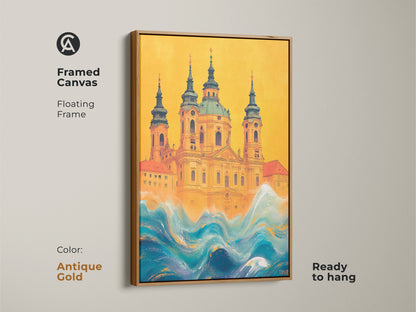 Framed canvas of a surreal church artwork with an antique gold floating frame. The yellow and blue waves canvas embodies eclectic charm. This architectural waves art is ready to hang. Ideal as unique travel gift or for eclectic home decor it adds a luxurious bohemian wall art.