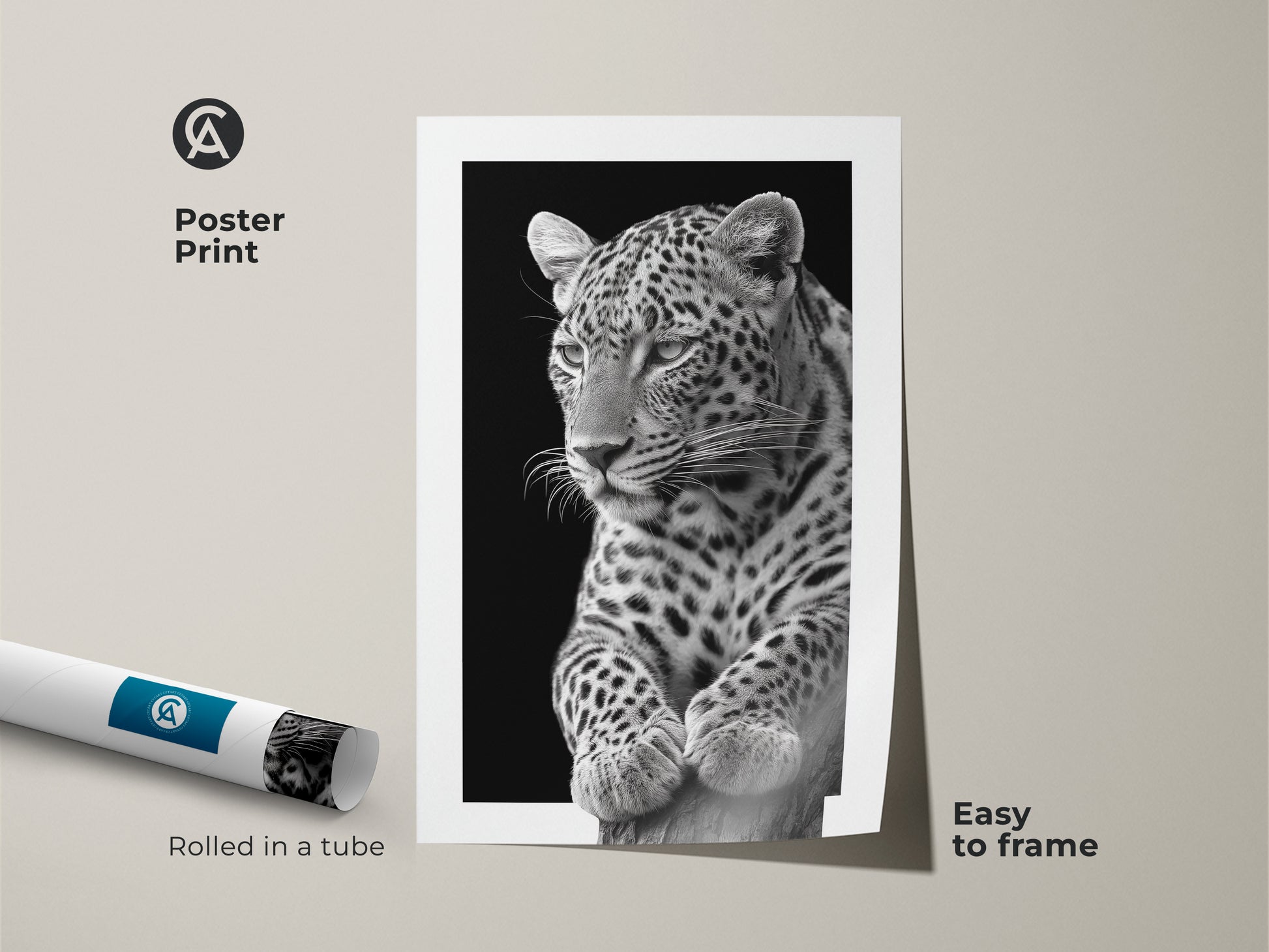 Monochrome leopard photo art print poster rolled in a tube. This black and white animal canvas is easy to frame. The realistic leopard wall decor offers modern wildlife art for your home. Order now!