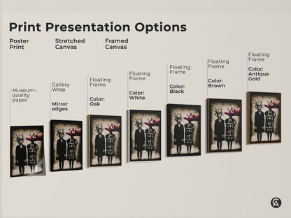 Sizing guide for surreal child pig artwork in vertical orientation. Available in canvas and poster options. Find the perfect fit for your study room or office. Choose from small medium and large sizes to suit any space. Enhance your eclectic home decor with the right size.