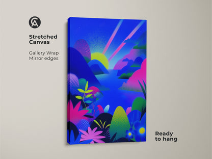 Stretched canvas of a fantasy abstract landscape art print. Gallery wrap with mirror edges. The blue green pink canvas features mountains and a sunset. Ready to hang nature inspired wall art. Perfect for bedroom decor art or living room wall decor. Eclectic home artwork.