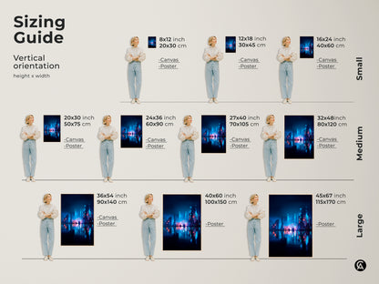 Sizing guide for vertical orientation art prints. This neon cityscape artwork is available in small medium and large sizes. Find the perfect fit for your space whether canvas or poster format is the choice.
