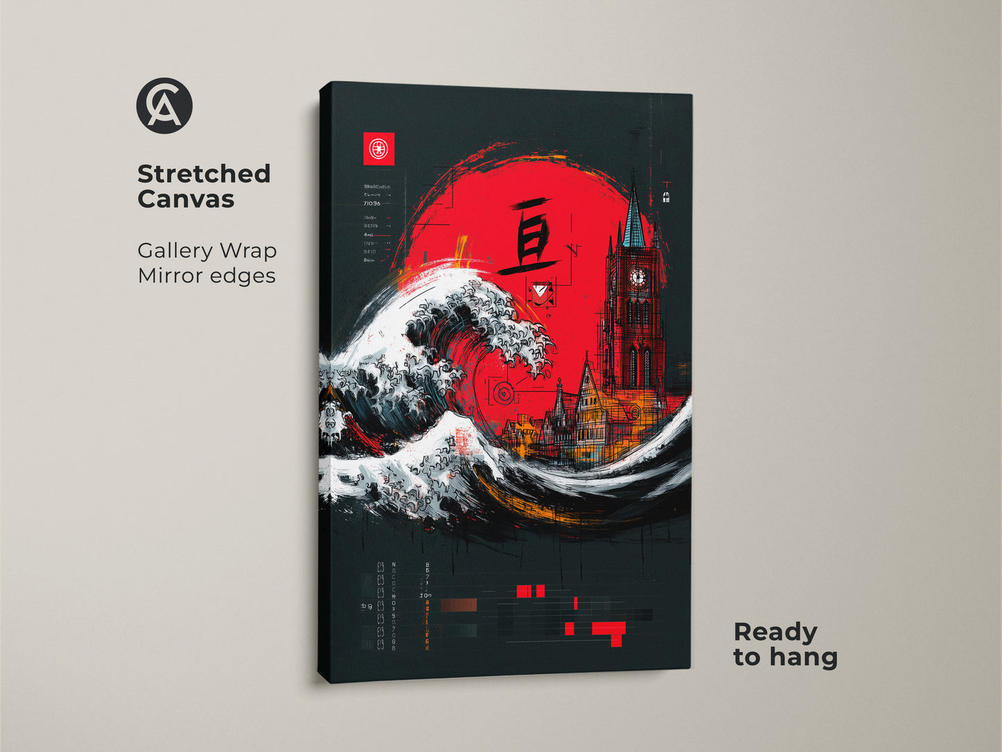 Stretched canvas art of a Crimson Red Ukiyo-e Wave & Gothic Tower. It is ready to hang with gallery wrapped edges. A Japanese cityscape wall art featuring a bold red sun. The eclectic travel gift is perfect for adding flair to your space. The dark grey backdrop enhances the art.