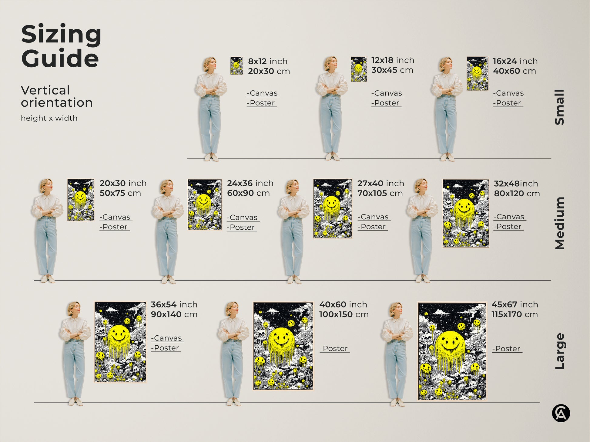 Sizing guide for vertical artwork featuring a melting smiley face and skulls. Available in small medium and large sizes. Visualize the perfect fit for your space with canvas and poster options. Find the ideal dimensions to enhance your home decor with this striking art piece.